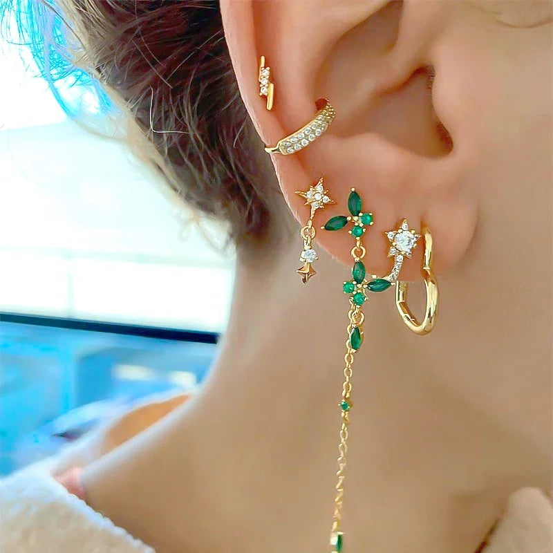 Pendientes de aro con forma de corazón y circonita verde en plata de ley 925 para mujer, delicados pendientes de botón, joyería de lujo, regalos.