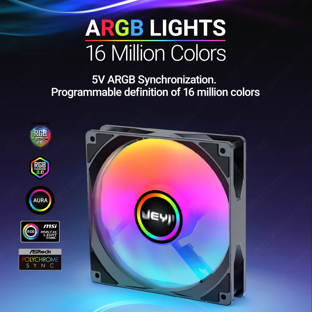 JEYI 120mm PC ARGB Cooling Fan AURA SYNC RGB Computer Fans Ultra Silent Heatsink Ventilador with 4PIN PWM and 5V 3PIN ARGB Port