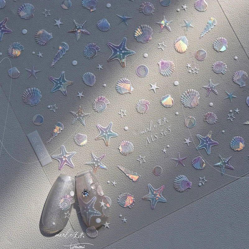 Calcomanías de manicura para decoración de uñas con relieve suave, conchas, estrellas de mar, caracoles, burbujas marinas, verano, playa, océano