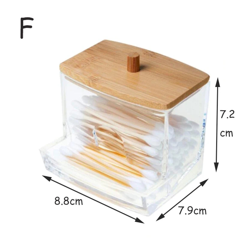Caja de almacenamiento de acrílico, tarro de baño, organizador de maquillaje, soporte redondo para almohadillas de algodón, caja para hisopos de algodón, dispensador de hisopos con tapa de bambú