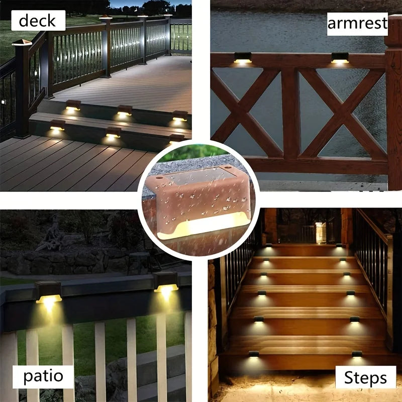 Paquete de 4 lámparas LED solares para escaleras, impermeables, para pasillos, patios, barandillas, luces nocturnas para exteriores, jardines, bordes y terrazas.