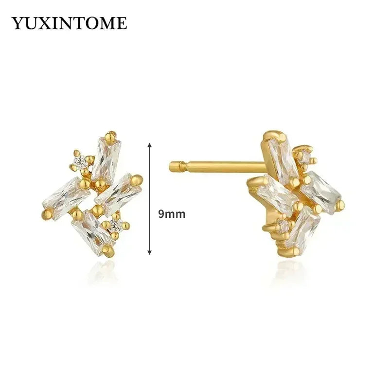 Pendientes de aro de plata de ley 925 con forma de aguja y cristales de circonita, con gotas de agua, dorados, joyería de lujo premium para fiestas.