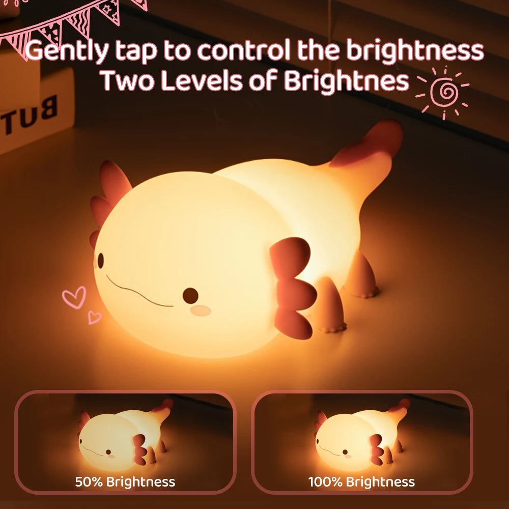 Axolotl Night Light for Kids 2 Brightness Silicone Nursery Sleeping Light Portable USB Rechargeable Bedside Lamp For Baby's Room