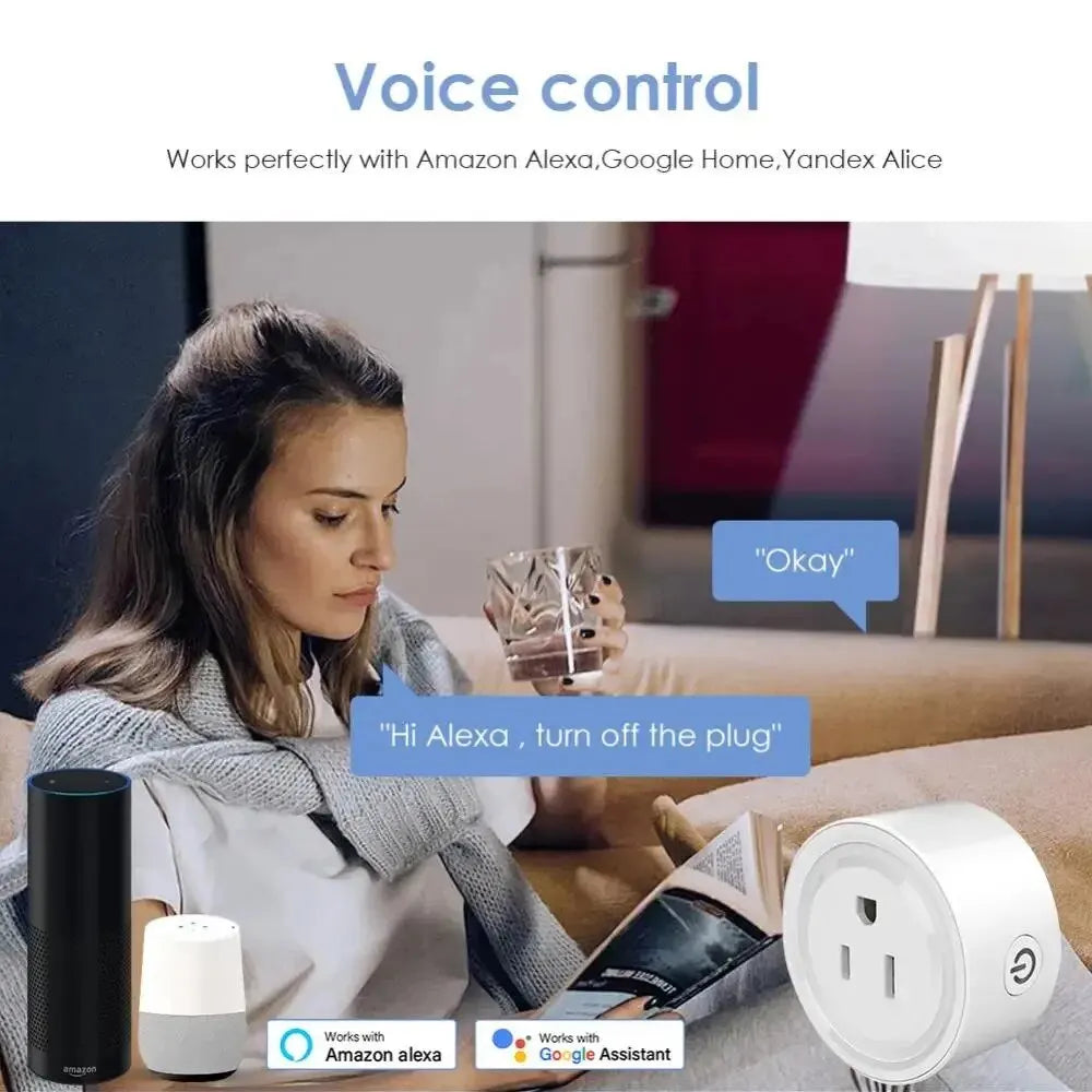 Enchufe inteligente Tuya con wifi, estándar estadounidense, inalámbrico, 10 A, control remoto, compatible con Alexa y Google Home.