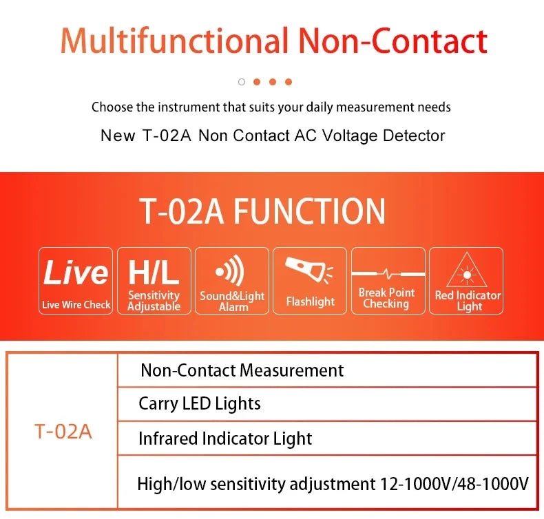 T-02A Non-Contact Voltage Detector Electrical Tools Voltage Indicator Tester Pen Voltage Test Smart Breakpoint Finder 12-1000V