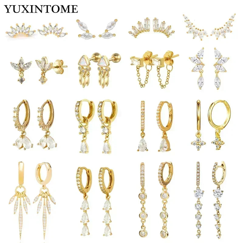 Pendientes de aro de plata de ley 925 con forma de aguja y cristales de circonita, con gotas de agua, dorados, joyería de lujo premium para fiestas.