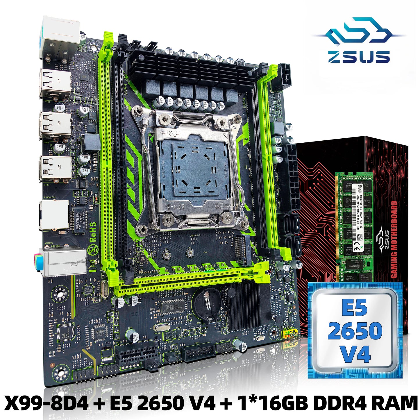 Kit de placa base ZSUS X99-8D4 con procesador LGA2011-3 Xeon E5 2650 V4, DDR4, 16 GB (1 x 16 GB), memoria RAM de 2133 MHz, NVME, M.2, SATA