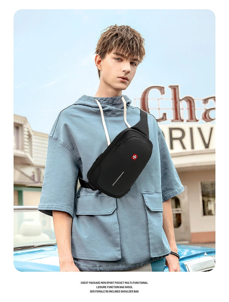 Bolso de pecho informal SWISS para hombre, nuevo, deportivo, impermeable, bandolera antirrobo, moderno, de color sólido, con USB
