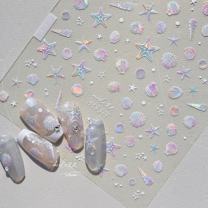 Calcomanías de manicura para decoración de uñas con relieve suave, conchas, estrellas de mar, caracoles, burbujas marinas, verano, playa, océano