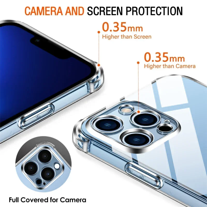 Shockproof Silicone Clear Phone Case For iPhone 11 12 13 14 15 Pro Max Plus Lens Protection For iPhone 13 14 15 Pro Back Cover
