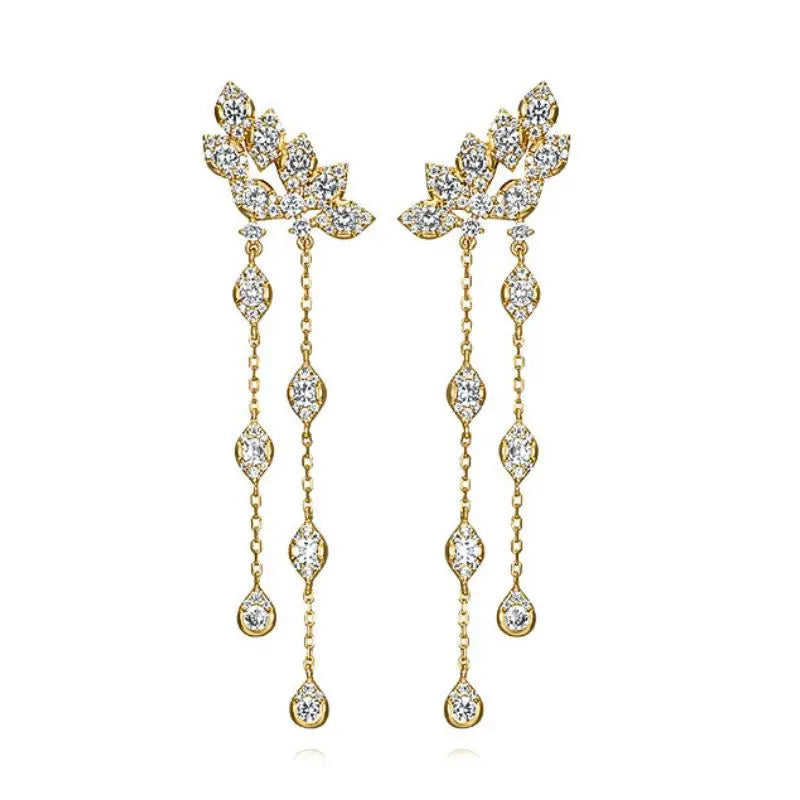 Pendientes de aro de plata de ley 925 con forma de aguja y cristales de circonita, con gotas de agua, dorados, joyería de lujo premium para fiestas.