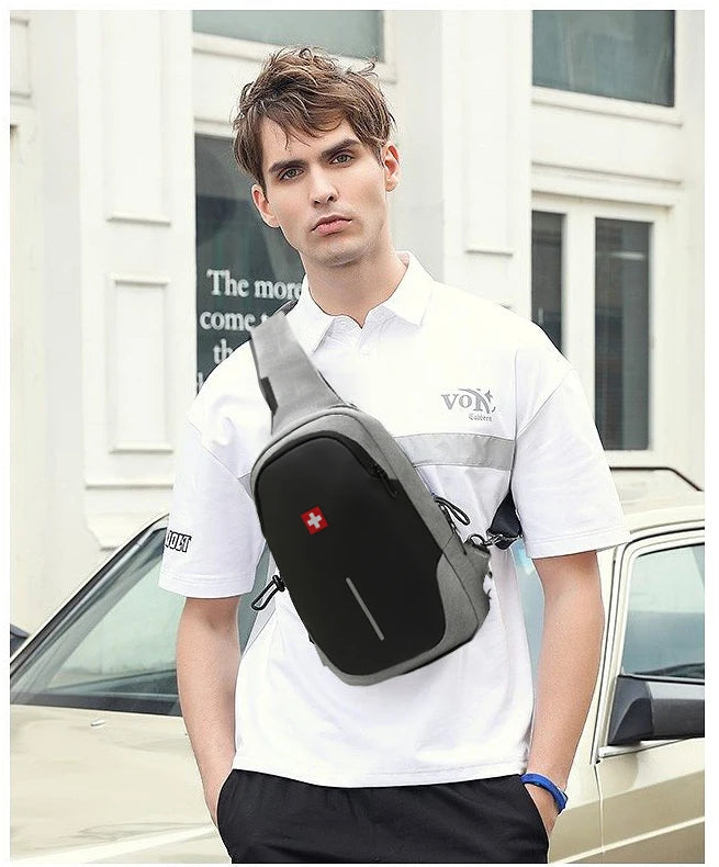 Bolso de pecho informal SWISS para hombre, nuevo, deportivo, impermeable, bandolera antirrobo, moderno, de color sólido, con USB