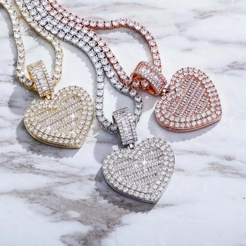 Medallón de fotos personalizado con forma de corazón de gran tamaño de THE BLING KING, colgante con marco, joyería de recuerdo de tenis para pareja, regalo de San Valentín