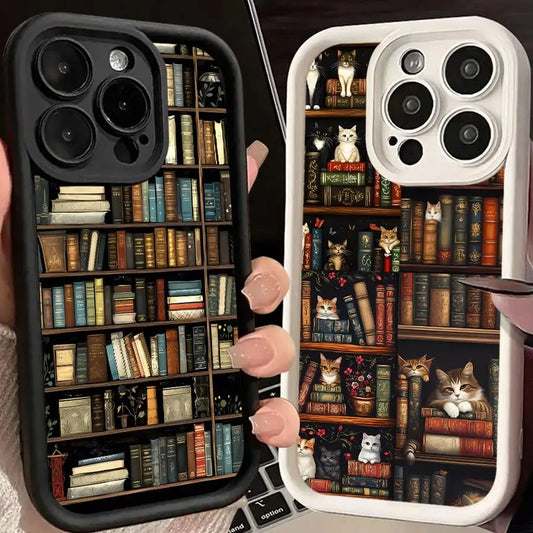 Vintage Bookshelf Kitten Phone Case for iPhone 11, 12, 13, 14, 15, and 16 Pro Max - Soft Silicone Shockproof Cover