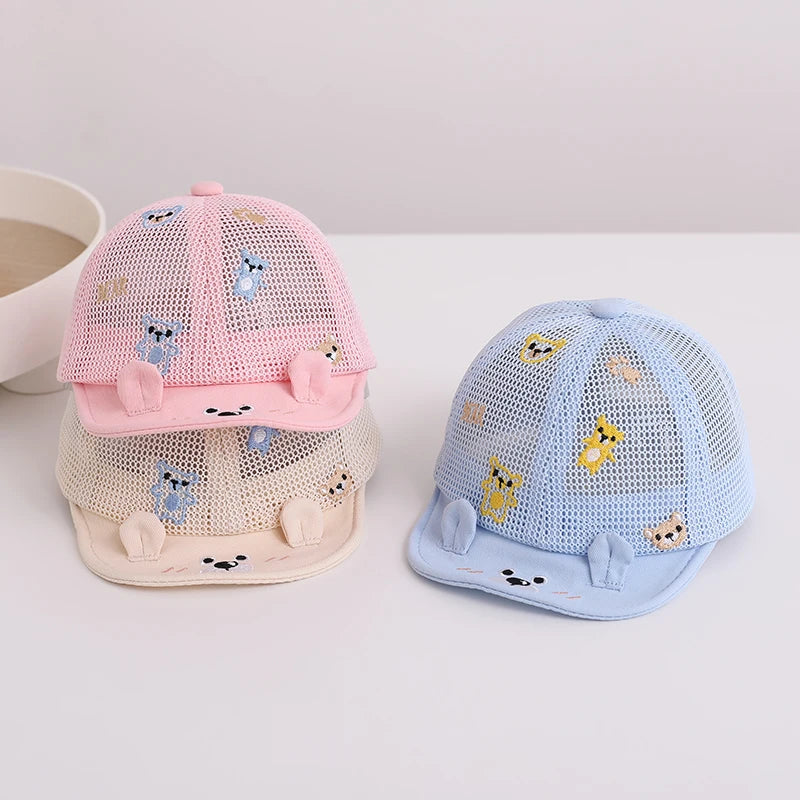 Baby Summer Sunshade Hat Full Mesh Breathable Toddler Baseball Hat Cartoon Bear Kids Soft Edge Duck Tongue Cap Children Visors