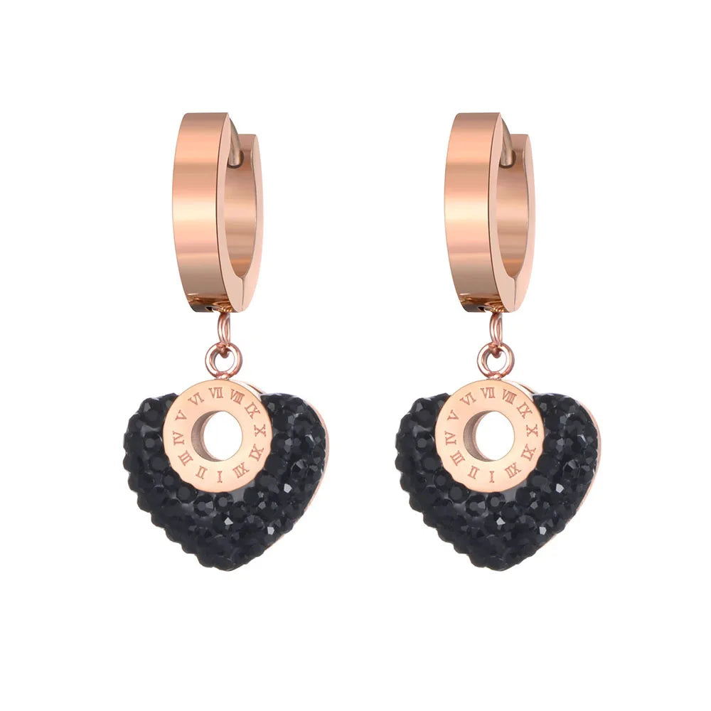 Roman Numerals Titanium Stainless Steel White/Black Clay Crystals Heart Hoop Earrings for Women Boucle D'Oreille E19135