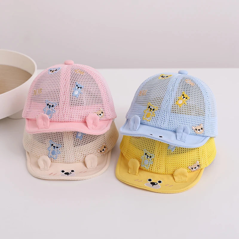 Baby Summer Sunshade Hat Full Mesh Breathable Toddler Baseball Hat Cartoon Bear Kids Soft Edge Duck Tongue Cap Children Visors