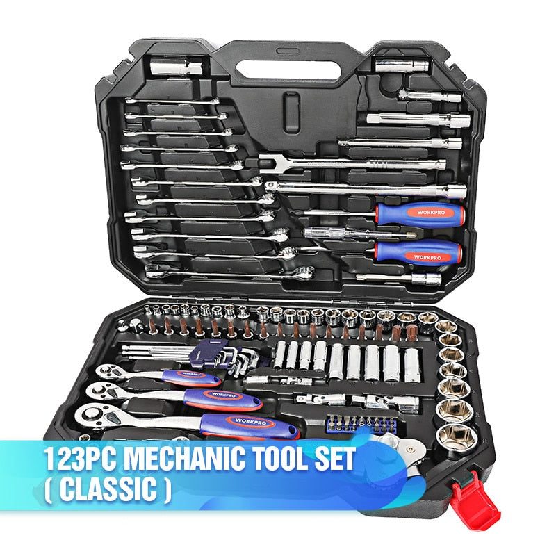 Juego de herramientas WORKPRO, herramientas manuales para reparación de automóviles, llave de carraca, juego de vasos, kits profesionales de herramientas para reparación de bicicletas y automóviles.