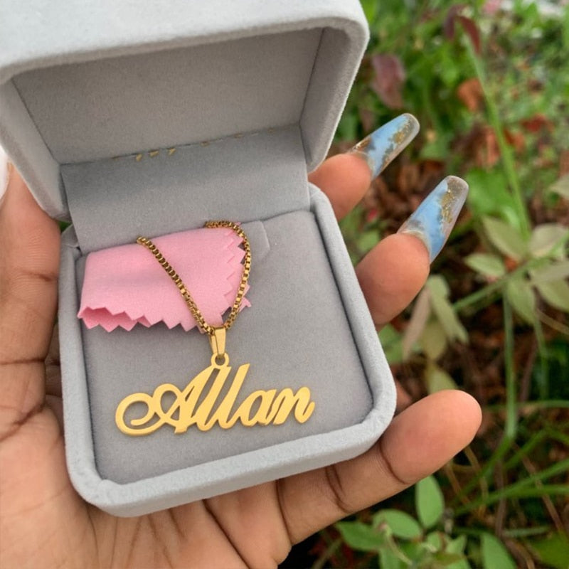 Cadena de caja de oro, joyería personalizada, collar con colgante con nombre personalizado, gargantilla con placa de nombre cursiva hecha a mano, bisutería para mujeres y hombres, regalo para mejores amigos.