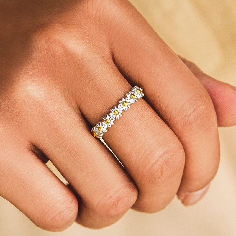 Vintage Daisy Flower Rings For Women Korean Style Adjustable Opening Finger Ring Bride Wedding Engagement Statement Jewelry Gif