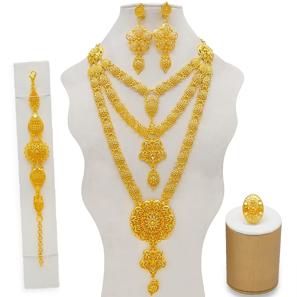 Conjuntos de joyas de Dubái, collar y pendientes de oro para mujer, africanos, franceses, bodas, fiestas, joyas de 24 quilates, regalos nupciales etíopes.