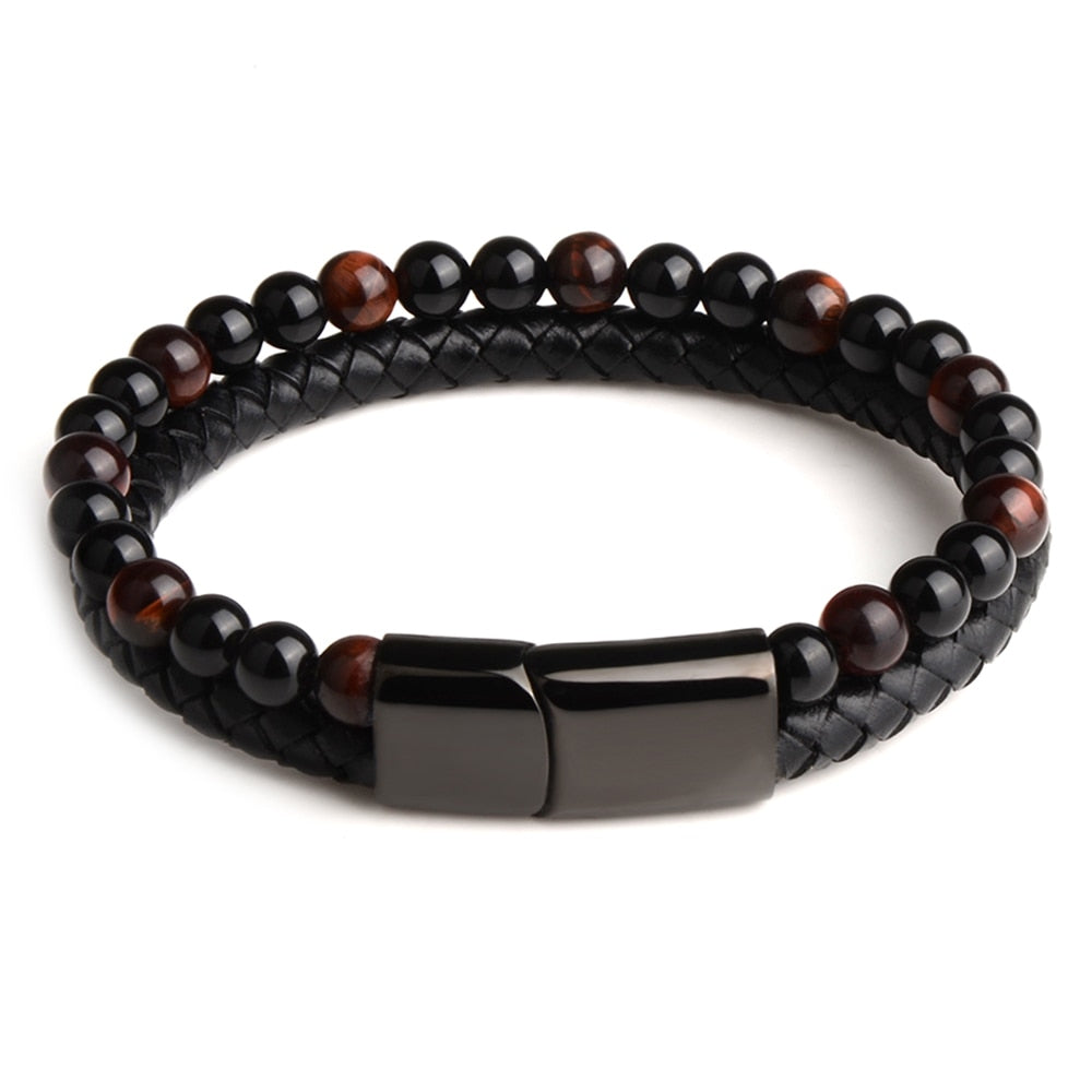 Pulseras de piedra natural, pulsera trenzada de cuero genuino, cierre magnético de acero inoxidable negro, brazaletes de cuentas de ojo de tigre, joyería para hombres