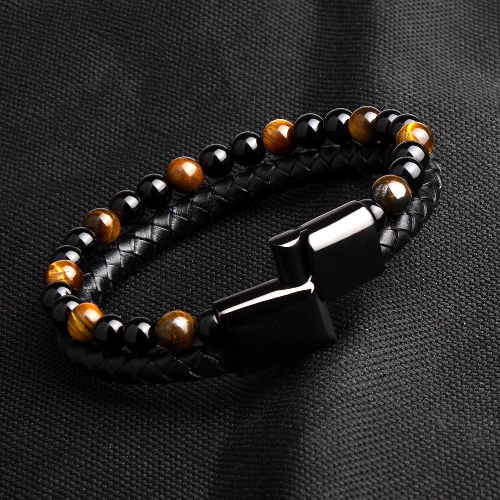 Pulseras de piedra natural, pulsera trenzada de cuero genuino, cierre magnético de acero inoxidable negro, brazaletes de cuentas de ojo de tigre, joyería para hombres