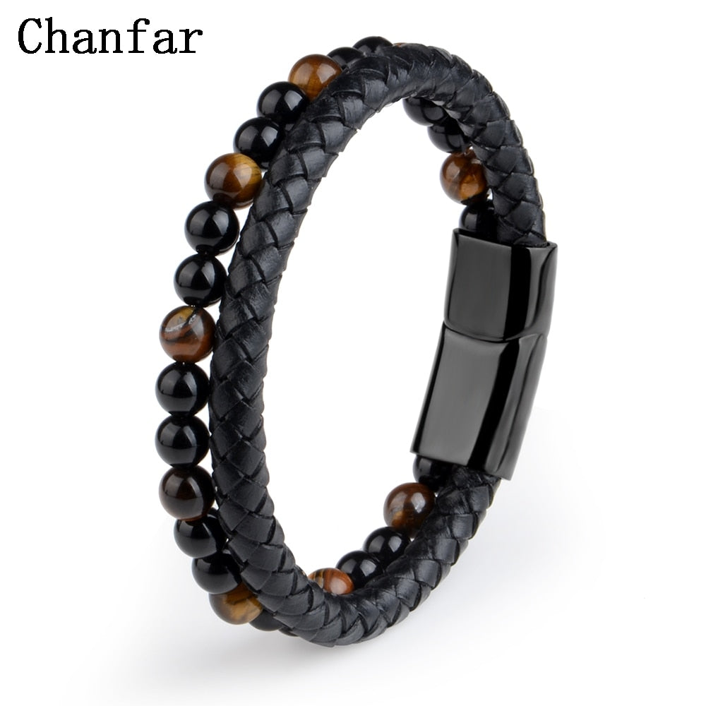 Pulseras de piedra natural, pulsera trenzada de cuero genuino, cierre magnético de acero inoxidable negro, brazaletes de cuentas de ojo de tigre, joyería para hombres