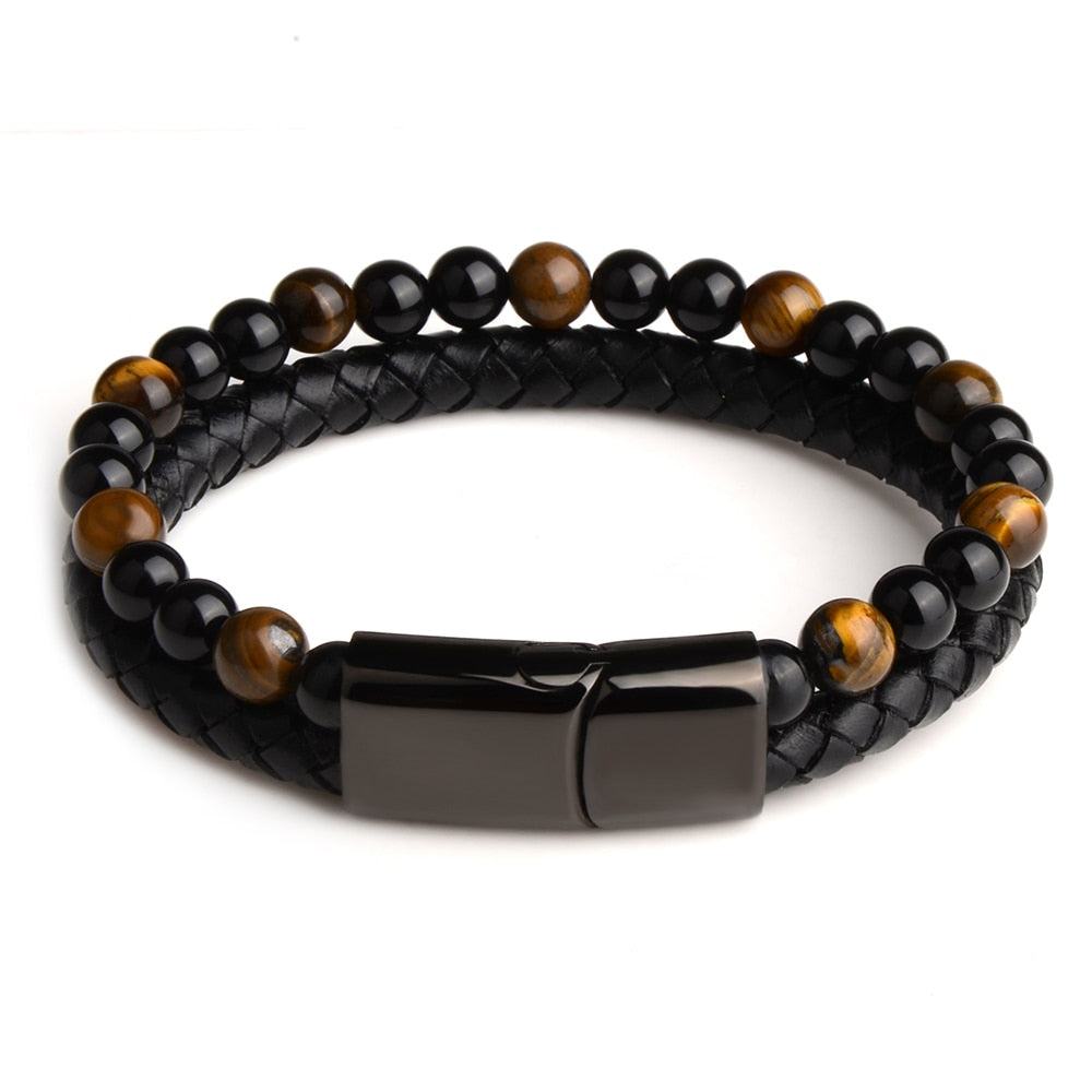 Pulseras de piedra natural, pulsera trenzada de cuero genuino, cierre magnético de acero inoxidable negro, brazaletes de cuentas de ojo de tigre, joyería para hombres