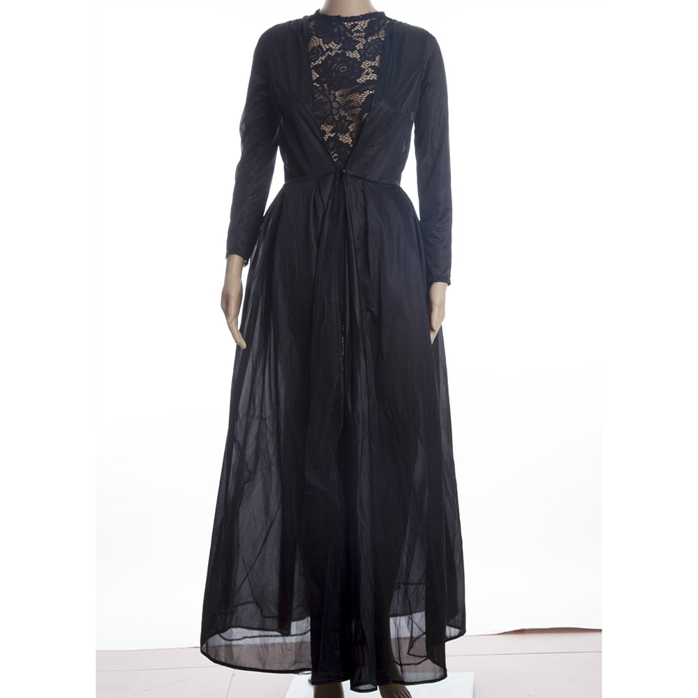 2022 New High Quality Sexy Gothic Lace High Waist Sheer Jacket Long Dress Gown Party Costume Lady Autumn Dress Black