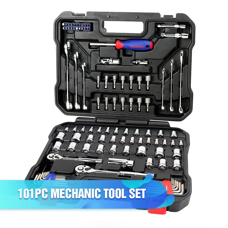 Juego de herramientas WORKPRO, herramientas manuales para reparación de automóviles, llave de carraca, juego de vasos, kits profesionales de herramientas para reparación de bicicletas y automóviles.