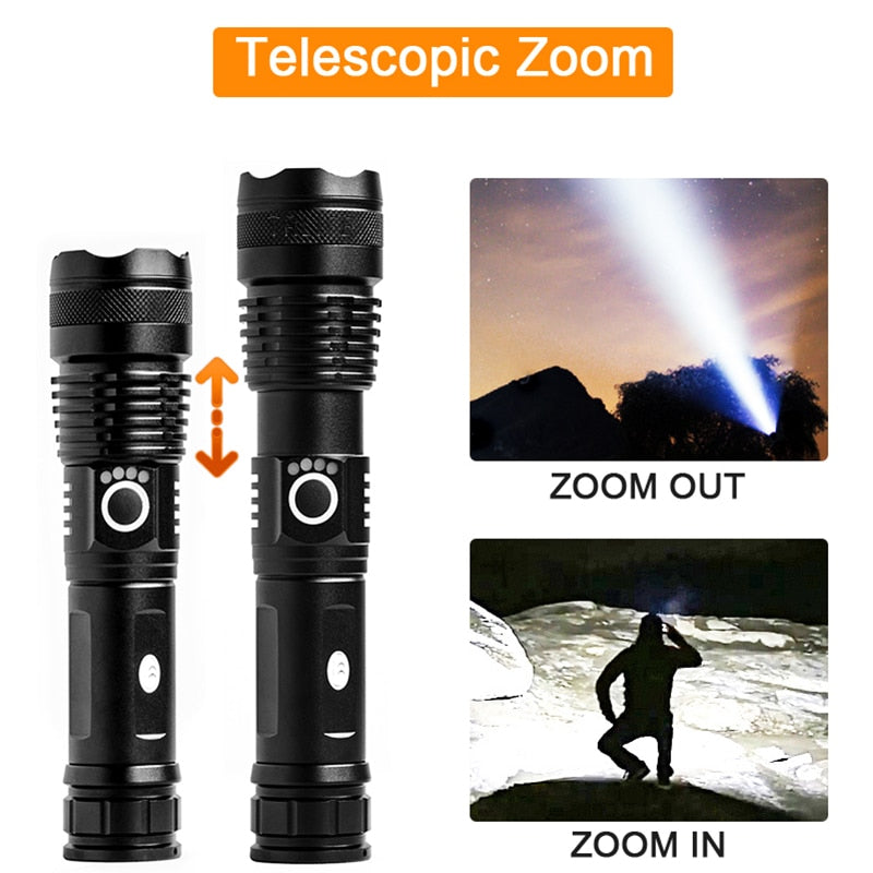 Most Powerful xhp50 LED Flashlight usb Rechargeable 18650 Zoom Aluminum Alloy led torch Best Camping, Outdoor & Emergency use