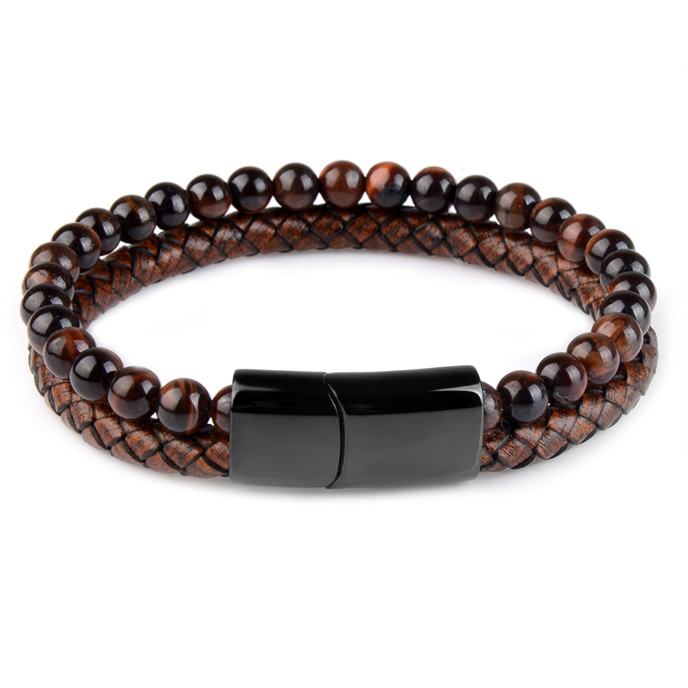 Pulseras de piedra natural, pulsera trenzada de cuero genuino, cierre magnético de acero inoxidable negro, brazaletes de cuentas de ojo de tigre, joyería para hombres