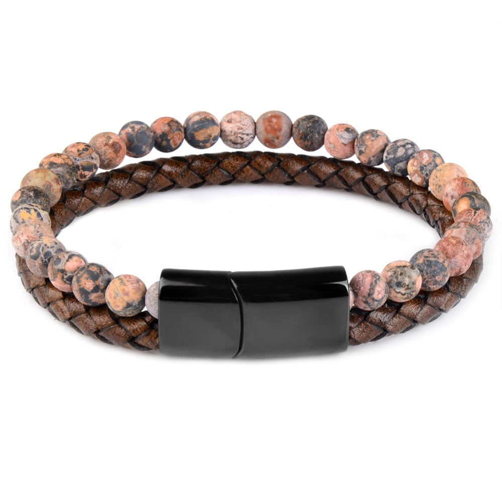 Pulseras de piedra natural, pulsera trenzada de cuero genuino, cierre magnético de acero inoxidable negro, brazaletes de cuentas de ojo de tigre, joyería para hombres