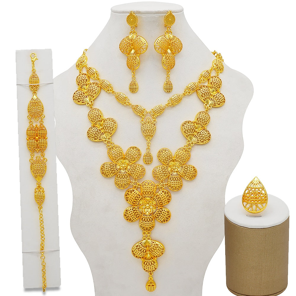 Conjuntos de joyas de Dubái, collar y pendientes de oro para mujer, africanos, franceses, bodas, fiestas, joyas de 24 quilates, regalos nupciales etíopes.
