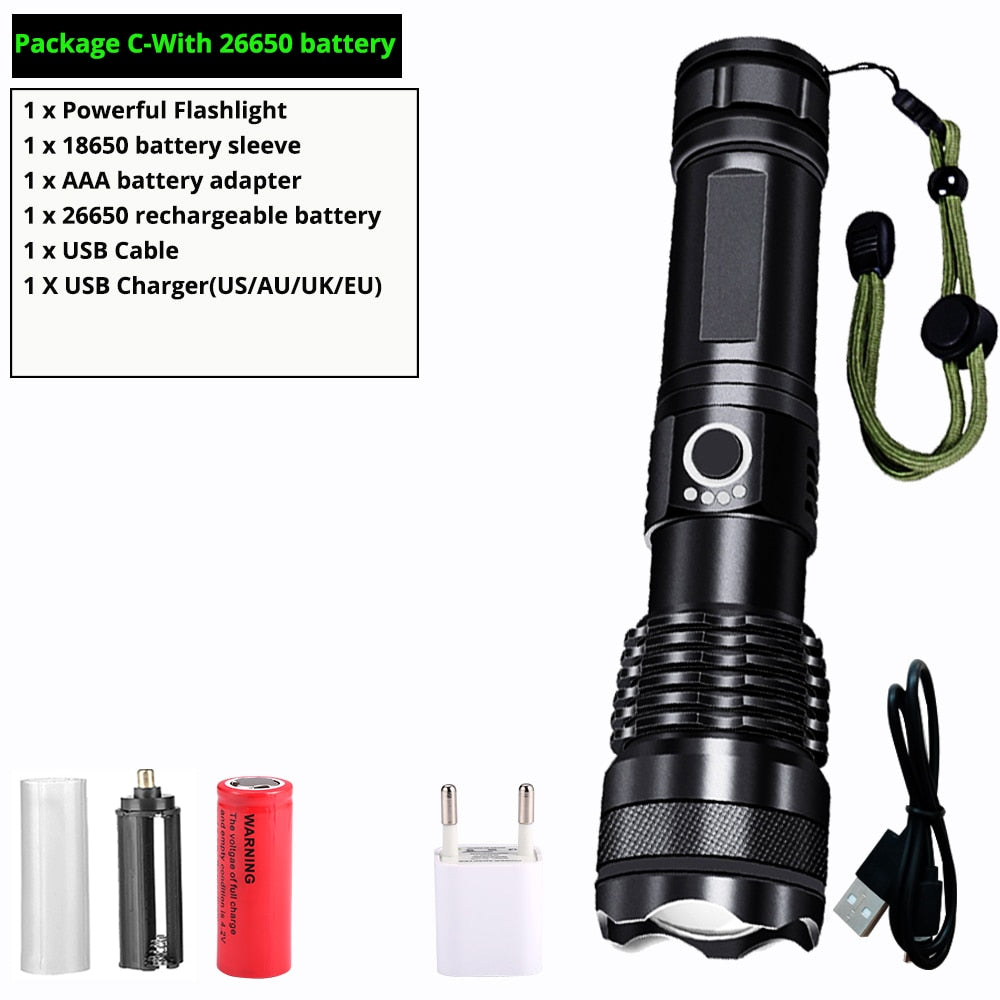 Most Powerful xhp50 LED Flashlight usb Rechargeable 18650 Zoom Aluminum Alloy led torch Best Camping, Outdoor & Emergency use