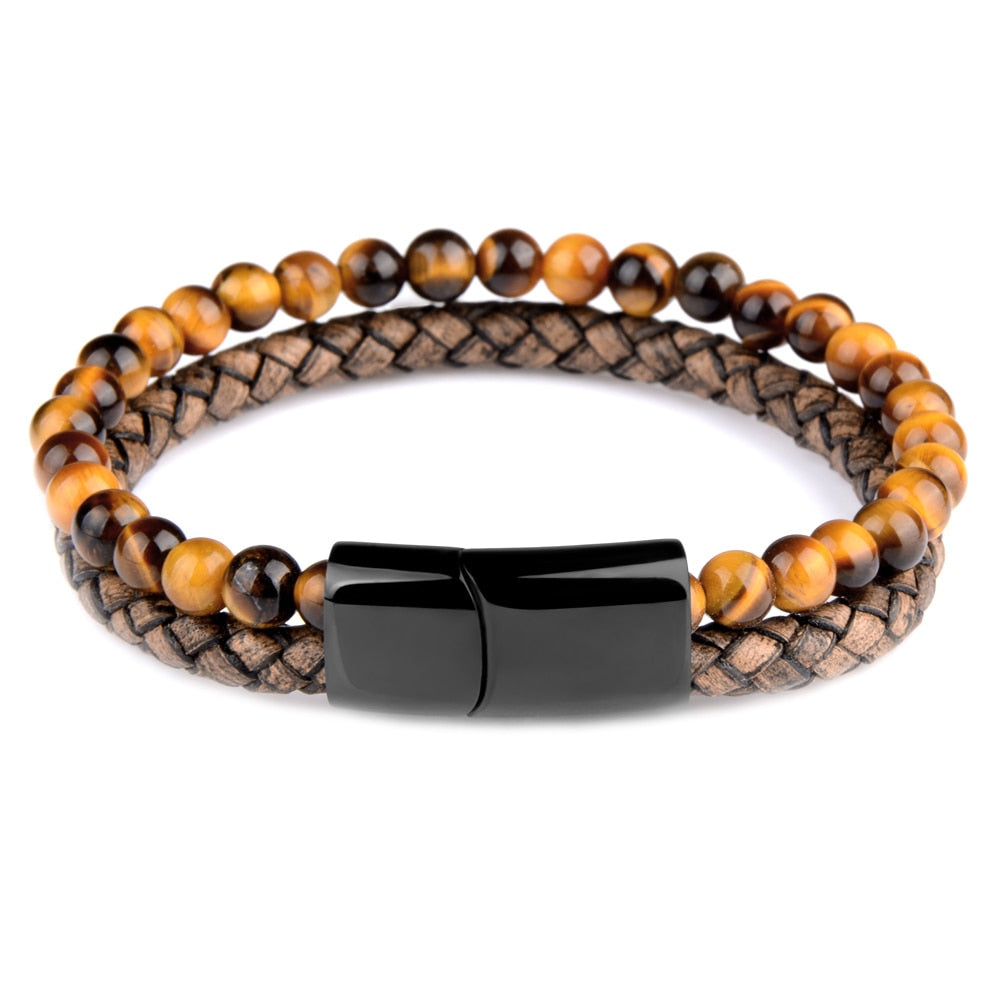 Pulseras de piedra natural, pulsera trenzada de cuero genuino, cierre magnético de acero inoxidable negro, brazaletes de cuentas de ojo de tigre, joyería para hombres