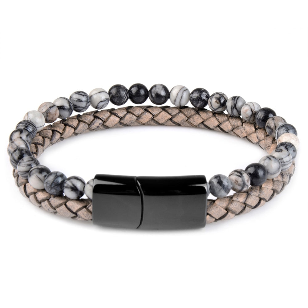 Pulseras de piedra natural, pulsera trenzada de cuero genuino, cierre magnético de acero inoxidable negro, brazaletes de cuentas de ojo de tigre, joyería para hombres