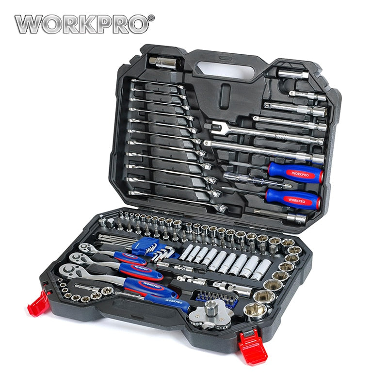Juego de herramientas WORKPRO, herramientas manuales para reparación de automóviles, llave de carraca, juego de vasos, kits profesionales de herramientas para reparación de bicicletas y automóviles.