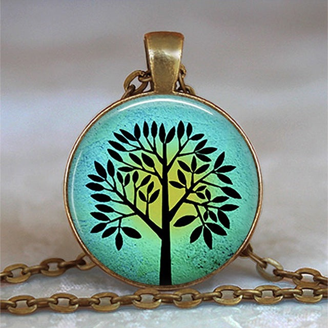 Collar y colgante con cabujón de cristal del árbol de la vida, joyería vintage, gargantilla de cadena con dijes, joyería Steampunk, regalo para mujer