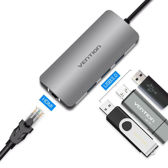 Vention Thunderbolt 3 Dock USB-C Hub Type C to HDMI USB 3.0 RJ45 Adapter for MacBook Samsung S8/S9 Huawei P20 Pro usb c Adapter