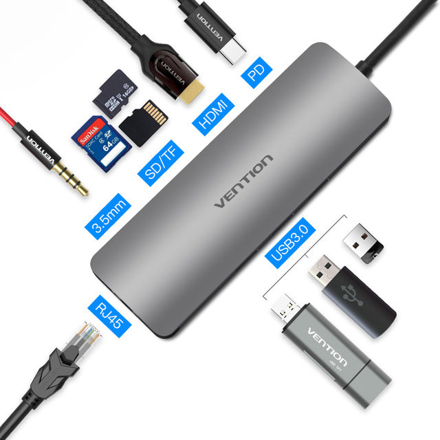 Vention Thunderbolt 3 Dock USB-C Hub Type C to HDMI USB 3.0 RJ45 Adapter for MacBook Samsung S8/S9 Huawei P20 Pro usb c Adapter
