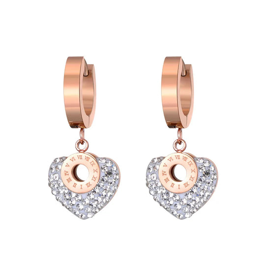 Roman Numerals Titanium Stainless Steel White/Black Clay Crystals Heart Hoop Earrings for Women Boucle D'Oreille E19135