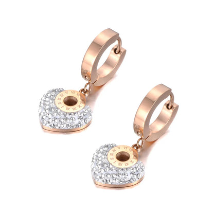 Roman Numerals Titanium Stainless Steel White/Black Clay Crystals Heart Hoop Earrings for Women Boucle D'Oreille E19135