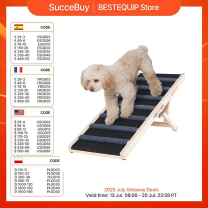 Dog Ramp Folding Ladder Anti-Slip High Adjustable Wooden Pet Ramp Removable for Small Old Dog Climbing Stairs Sofa Car