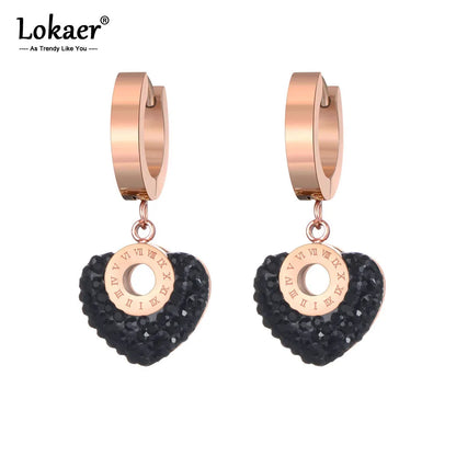 Roman Numerals Titanium Stainless Steel White/Black Clay Crystals Heart Hoop Earrings for Women Boucle D'Oreille E19135