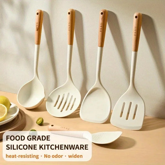 Espátula de silicona Juego de sartenes antiadherentes, mango de madera dura duradero, herramienta resistente al calor, cuchara para gachas de mango largo, espátula de pantalla, co