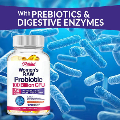 Probióticos crudos para mujeres - 100 mil millones de UFC, con prebióticos y enzimas digestivas - Favorecen la digestión y la salud intestinal - 120 cápsulas
