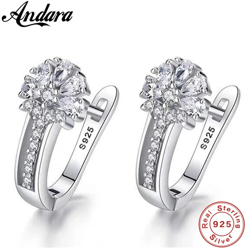 Joyería fina Pendientes de plata de ley 925 con incrustaciones de circonitas y flores de cristal. Joyas con dijes para mujer. Regalo de compromiso.