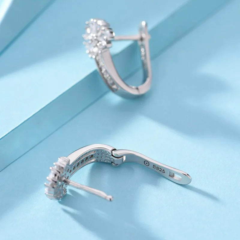 Joyería fina Pendientes de plata de ley 925 con incrustaciones de circonitas y flores de cristal. Joyas con dijes para mujer. Regalo de compromiso.